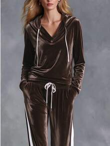 Solid Color V-Neck Gold Velvet Knit Long Sleeve Casual Hooded Top And Long Pants 2 Pieces Set - Coffee Brown - View 5