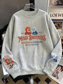 Women's Long Sleeve Crew Neck Sweatshirt, Featuring Faux Embroidery Style Pattern Print, Suitable For Autumn/Winter Wear - Light Grey - View 2