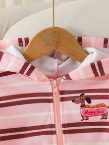 Girls' Striped Hooded Cardigan With Cute Cartoon Puppy Print, Zipper Front, Long Sleeve, Versatile Jacket For Daily Wear, School, Outings And Multiple Occasions - Pink - View 4