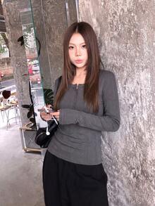Spring/Autumn Casual Versatile Solid Color Long Sleeve T-Shirt - Dark Grey - View 5