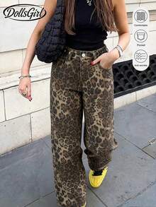Y2K Street Retro Leopard Print High Waist Slanted Pocket Wide Leg Denim Jeans Classic Denim Long Pants - Brown - View 4