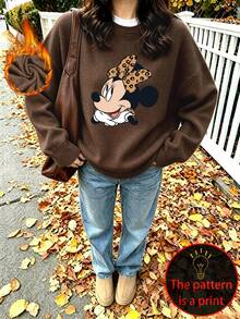 Disney Women's Plus-Size Casual Faux-Knit Top; Soft, Comfortable Fabric; Suitable For Autumn And Winter; Features A Leopard-Print Minnie Mouse Head Graphic. - Brown - View 3