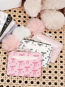 Fashionable Bow Printed Zipper Card Bag, Adorned With A Delicate Pom-Pom, Large Capacity Credit Card Package, Suitable For Outdoor Use - Hot Pink - View 3