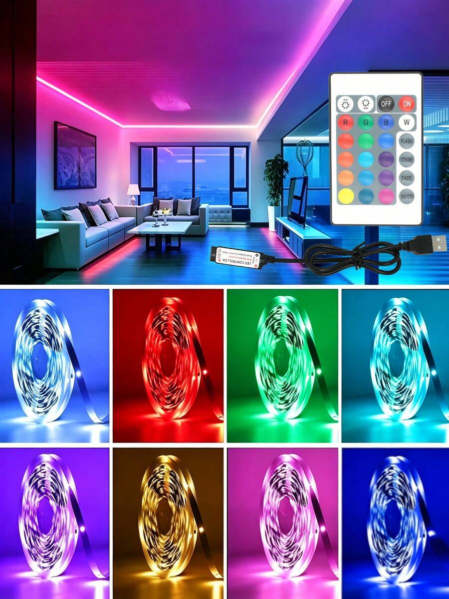 LED Neon Light Strip RGB USB Powered Color Changing Smart Light Strip 24-Key Remote Control Night Light Decoration For Living Room Christmas Holiday Party, Halloween Decoration Light, Bedroom/TV LED Light Home Party Decoration - Multicolor - View 1