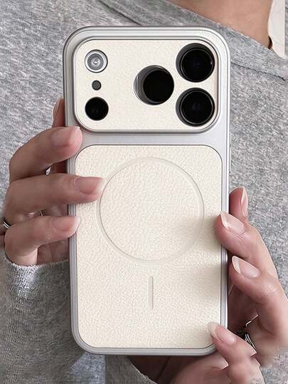 Luxury Business Texture Feel Litchi Pattern Magnetic Faux Leather Phone Case Compatible With 18 Pro Max 18 Pro 17ProMax 16 15 14 13 Wireless Charging Shockproof Armor Soft Border Cover
