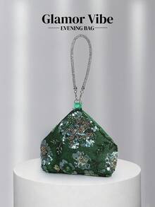 亮片晚宴手拿包，亮片刺繡工藝，3D花卉（隨機圖案），婚禮必備配件，情人節禮物，適用於婚禮、度假、畢業季、晚宴及其他正式場合，亦可作為日常穿搭的百搭配件 - 綠色 - 查看 3