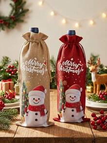 2/1pc Christmas Wine Bottle Bag With Snowman Print, Faux Linen Drawstring Wine Gift Bags For Holiday Dinner Table Decor And Festive Party Gift Wrapping - Multicolor - View 5