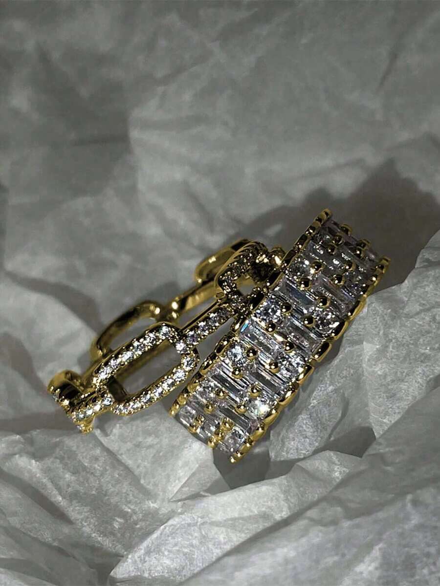 2件組奢華時尚白金鍍層全鋯石女款戒指套組,適合日常/約會/派對穿著 - 金色 - 查看 1