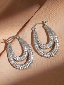 1 Pair Golden Zirconia Layered Chain Hoop Earrings For Women Sparkling Draped Drop Earrings Elegant Statement Jewelry Gift - Multicolor - View 6