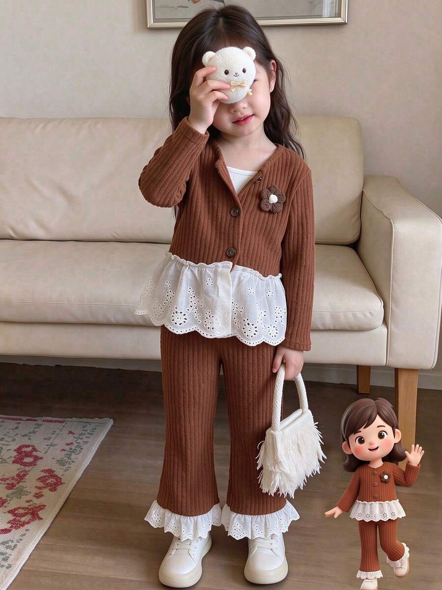 2pcs Baby Girls Casual Retro Ribbed Knit 2 In 1 Cardigan Lace Trim Flared Pants Set, Autumn/Winter - Brown - View 1