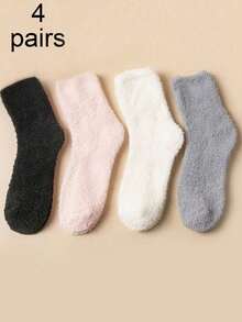4 Pairs Random Assorted Women's Thick Fluffy Fuzzy Mid-Calf Socks, Cute Minimalist Design, Suitable For Daily Wear, Autumn/Winter, Back To School Season - Multicolor - View 17