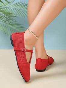 Women's Mesh Mary Jane Flat Shoes, Square Toe Hollow Breathable Buckle Strap Vintage Commute Loafers - Red - View 6