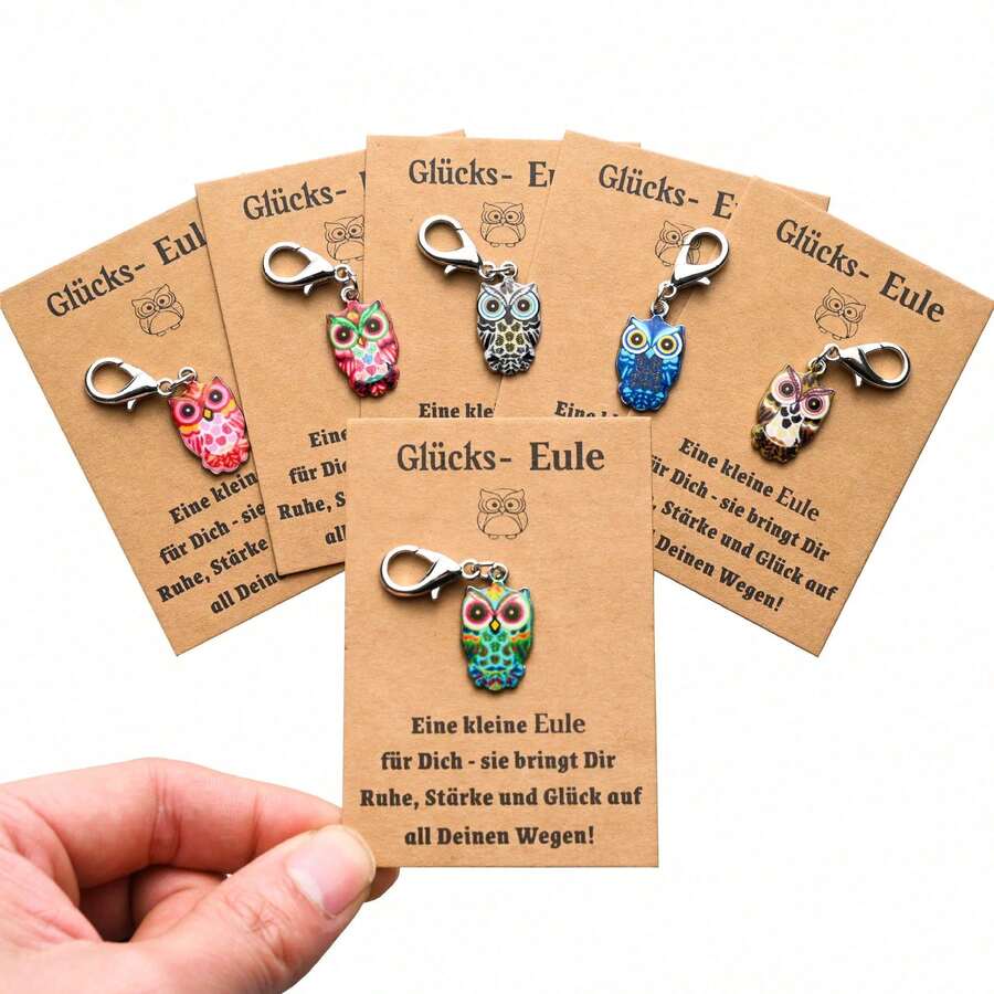 6/10/12pcs New Lucky Owl German Encouragement Blessing Card Printed Small Owl Keychain Pendant - Multicolor - View 1