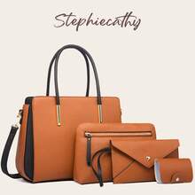 STEPHIECATHY 4件組 PU素食皮革拼色拼接女款手提包，附長肩帶斜跨方型托特包，翻蓋信封式錢包卡夾，適合通勤日常旅行 - 彩色 - 查看 1
