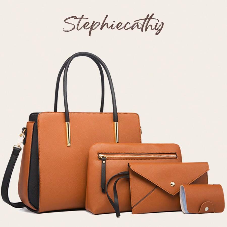 STEPHIECATHY 4件組 PU素食皮革拼色拼接女款手提包,附長肩帶斜跨方型托特包,翻蓋信封式錢包卡夾,適合通勤日常旅行 - 彩色 - 查看 1