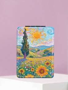 1PC Van Gogh Series Portable Vanity Mirror, Foldable Lightweight Ultra-Thin Hand Mirror, PU Leather, Suitable For All People And Multiple Occasions, Rectangular Pocket Mirror, Classic Abstract Sunflower, Sun, Architecture, Mountain Pattern Design, Exquisite And Delicate, Convenient To Carry, Handheld Makeup Mirror, 180° Flip Cover, Multi-Functional - Multicolor - View 9