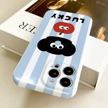 1PC Blue & White Vertical Striped Cartoon Little Black Bear Red Apple LUCKY English Phone Case Compatible With IPhone17/17Pro/17ProMax/16/16Plus/16ProMax/16e/15ProMax/11/12/12Pro/12ProMax/13/13Pro/13ProMax/14/14Pro/14ProMax Cute Childlike Full Coverage Shockproof Protective Shell - Film-fine Hole - View 3