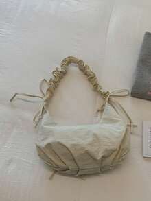 1件米色蝴蝶結尼龍布料抓皺雲朵包，拉鍊開合，女款單肩斜挎手提包，四季適用青春風 - 米色 - 查看 3