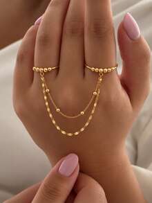 1pc Multi-Layer Chain Double Finger Connected Ring, Gold Bead Decorated Exquisite Double Finger Linked Chain Ring, Daily Casual Party Wear Accessory - Rhinestones - View 1