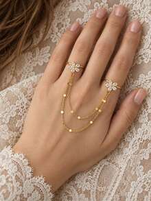 1 pieza Anillo de cadena doble para dedos con strass floral exquisito, anillo de cadena de lentejuelas de múltiples hilos conectado, accesorio decorativo diario - diamantes de imitación - Ver 4
