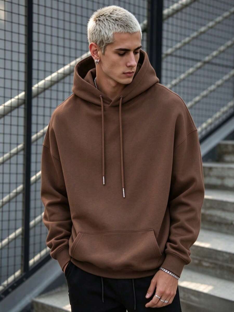 Simple Studio | Men's Solid Color Drop Shoulder Long Sleeve Drawstring Pocket Casual Hoodie, Autumn/Winter, Back To School Season