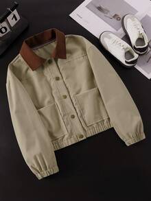 8-12 Years Old Girls Fashionable New Versatile Minimalist Contrast Color Lapel Design Button Front Long Sleeve Short Jacket Casual Top - Apricot - View 2