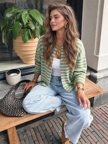 MORI Autumn/Winter Women's Y2K Green & Blue Striped Cardigan Sweater, Button Round Neck Long Sleeve Soft Loose Knit Top Fall - Multicolor - View 1