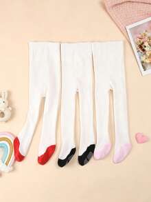 3 Pairs Baby Girl Color Block Non-Slip Bottom Tights, Soft Knitted White Base Tights, Full Foot Tights For Infants, Suitable For Daily Wear - Multicolor - View 3