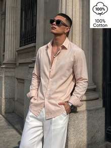 WAIT HIM 100% Cotton Men's Business Style Premium Formal Long Sleeve Shirt - Pink - View 2