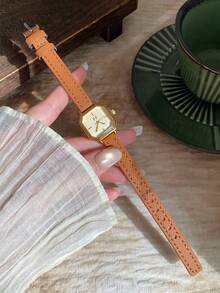 1件女款棕色石英手錶，可調節PU錶帶，金色錶盤，極簡刻度，適合日常配戴與辦公場合 - 咖啡棕 - 查看 3