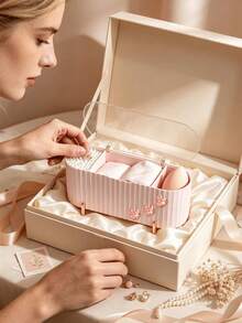Cute Flower Decor 3-Compartment Cotton Pad Storage Box, Transparent Lid Dust-Proof Desktop Organizer, Suitable For Cotton Pads, Cotton Swabs, Makeup Sponges, Small Cosmetic Accessories Storage Box For Vanity And Bathroom - Multicolor - View 9