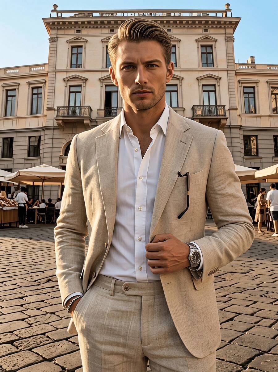 Men's Linen Suit Set, Jacket And Pants, Slim Fit Single-Breasted, Casual Formal Business Party - Beige - View 1
