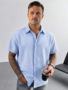 GloMan Men's Textured Blue & White Striped Short Sleeve Shirt, Summer & Autumn Casual Wear, Versatile Beach Vacation Shirt, Gift For Husband & Boyfriend - Blue and White - View 1