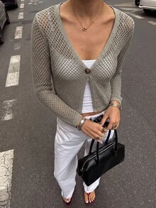 JustMiss Women's Spring/Summer Mesh Hollow Out Solid Color Minimalist Elegant Fashion Single Button Cardigan Long Sleeve Daily Home Commute Shopping Versatile Vacation T-Shirt Knit Top Sweater - Grey - View 2