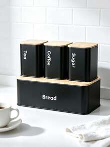 Kitchen Food Storage Canister Set, Bread Box Set,Tea Coffee Sugar Jars With Bamboo Lids, Metal Airtight Containers & Bread Bin, Space Saving Countertop Food Storage Organizer For Pantry, Easy To Clean,2 Styles Optional - View 2