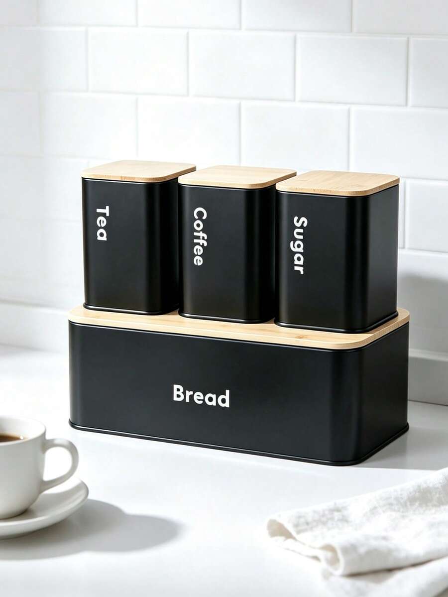 Kitchen Food Storage Canister Set, Bread Box Set,Tea Coffee Sugar Jars With Bamboo Lids, Metal Airtight Containers & Bread Bin, Space Saving Countertop Food Storage Organizer For Pantry, Easy To Clean,2 Styles Optional