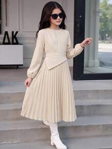 Teenage Girls' Autumn Apricot Pleated Asymmetrical Waist A-Line Dress, Commute Daily Wear, Elegant Party Style - Khaki - View 1