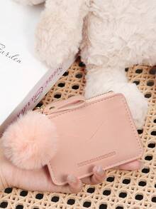 Fashionable Zipper Multi Slot Wallet, With A Pom-Pom Charm, Multi Card Slot, Large Capacity Credit Card Storage Bag, Suitable For Outdoor Use - Pink - View 4