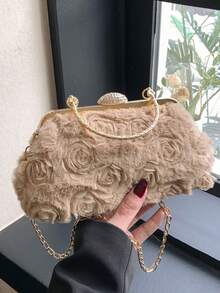 Dedoo 女款晚宴接吻鎖扣手提包，3D玫瑰花卉圖案，水鑽鎖扣配亮面金屬手柄，浪漫優雅，婚禮派對舞會手拿包 - 卡其色 - 查看 5