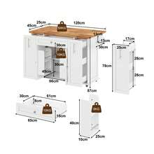 Flieks Kitchen Island On Wheels With Foldable Countertop, Mobile Kitchen Cart With 3-Tier Vertical Drawers, 2 Door-Mounted Racks And Lockable Casters, 120 * 45(70) * 87 Cm - White and Natural - View 4