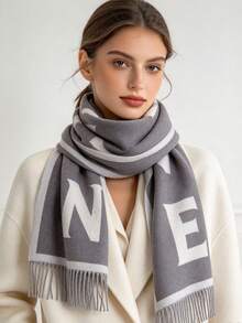 1pc Oversized Letter Jacquard Tassel Warm Scarf 195*65cm, Thick Brushed‑Polyester Faux Cashmere, Fall Winter Multi‑Use As Scarf Shawl For Travel Party - Multicolor - View 3