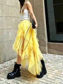 Asymmetrical Flowy White Ethereal Skirt Women 2026 Spring/Summer New High-End Vacation Style Elegant Long Skirt - Yellow - View 2