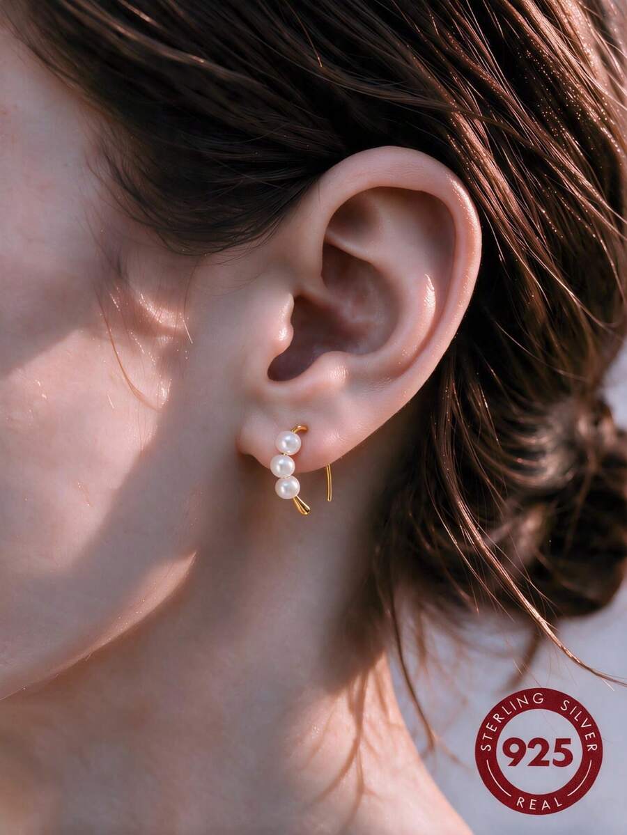 S925 Sterling Silver Hook & Pearl Earrings, Minimalist Elegant French Design Earrings, Suitable For Sensitive Ears, Daily Wear, Valentine's Day Gift - Gold - View 1