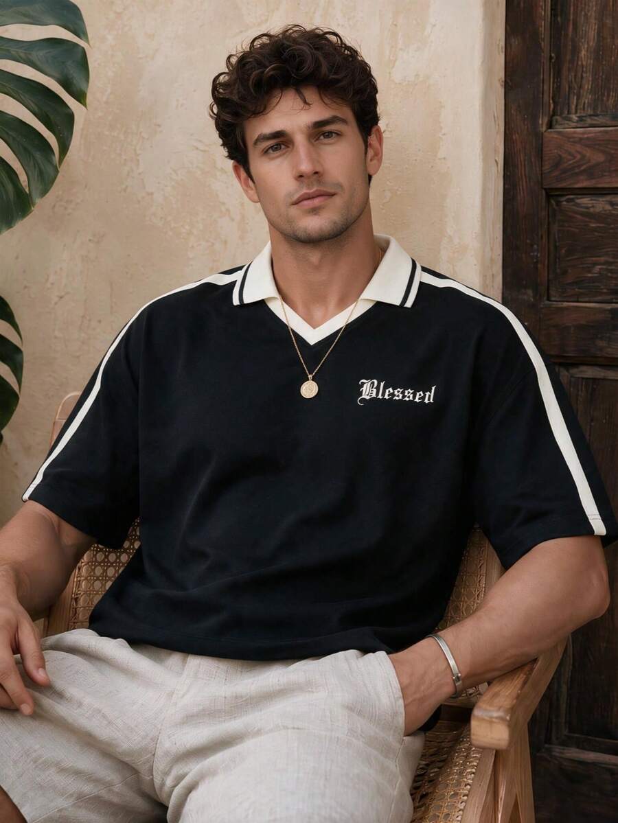 Men's Patchwork Vintage Pattern T-Shirt With Special Character Print, Suitable For Daily Wear - Black - View 1