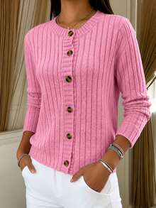 Cardigan de punto acanalado rosa para mujer, suéter de punto de manga larga con cuello redondo y botones delanteros, longitud regular, adecuado para otoño/invierno - Rosa - Ver 3