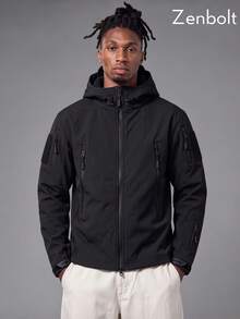 ZenBolt Winter Men's Solid-Color Fleece-Lined Hooded Utility Jacket – Structured Fit, Full-Zip Multi-Pocket, Sleeve Patch Warm Outerwear - Black - View 2