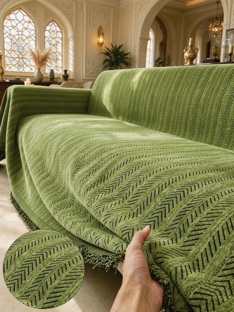 1pc Chenille Sofa Throw Blanket, Striped Pattern, Soft & Durable, Pet Friendly, Machine Washable, 100% Polyester, With Sofa Protector Cover, Suitable For Bedroom, Living Room, Home Decor
