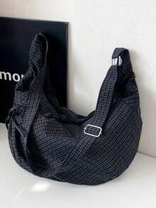 Black Fine Grid Drawstring Crescent Crossbody Bag, Large Capacity Slouchy Pleated One Shoulder Bag With Adjustable Strap, Casual Commute Tote Bag - Black - View 7