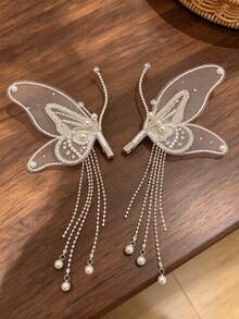 2pcs/Set Rhinestone Pearl Chain Butterfly Hair Clips, Double Layer Mesh Wings Tassel Edge Hair Accessories For Wedding Party Styling - Multicolor - View 4