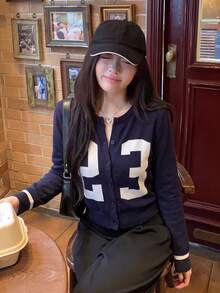 American Retro Sexy Hot Girl College Style Digital Jacquard Knit Cardigan, Contrast White Striped Cuffs, Versatile Layering Top - Royal Blue - View 2